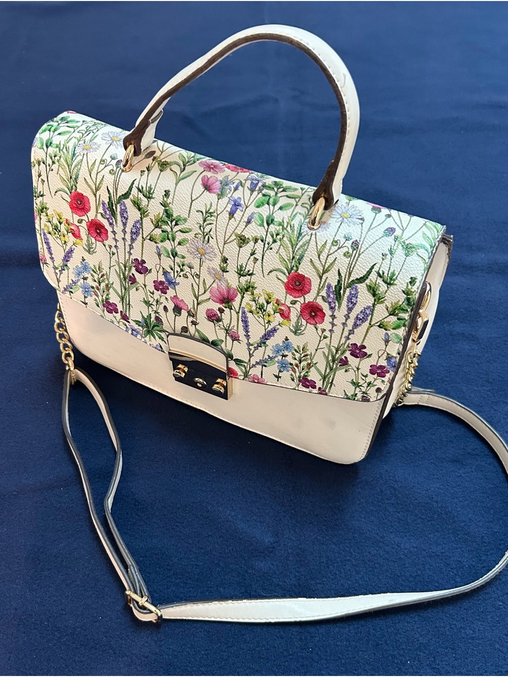 IMAN White Floral-Print Top-Handle Satchel with Gold Hardware
